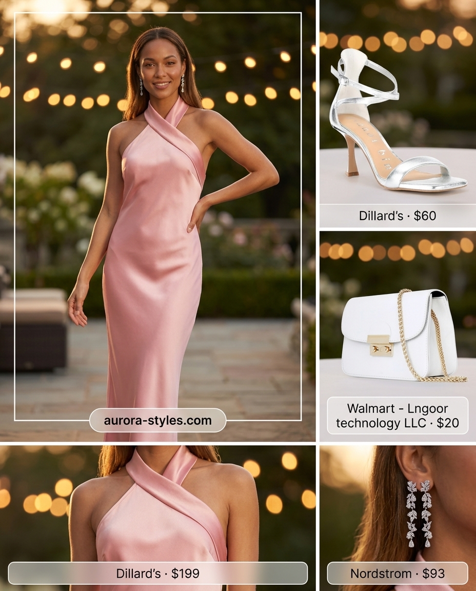 Elegant Halter Dress for Summer Wedding Guest 2026 Elegant blush pink satin halter dress with silver sandals for summer wedding guest outfits 2026.