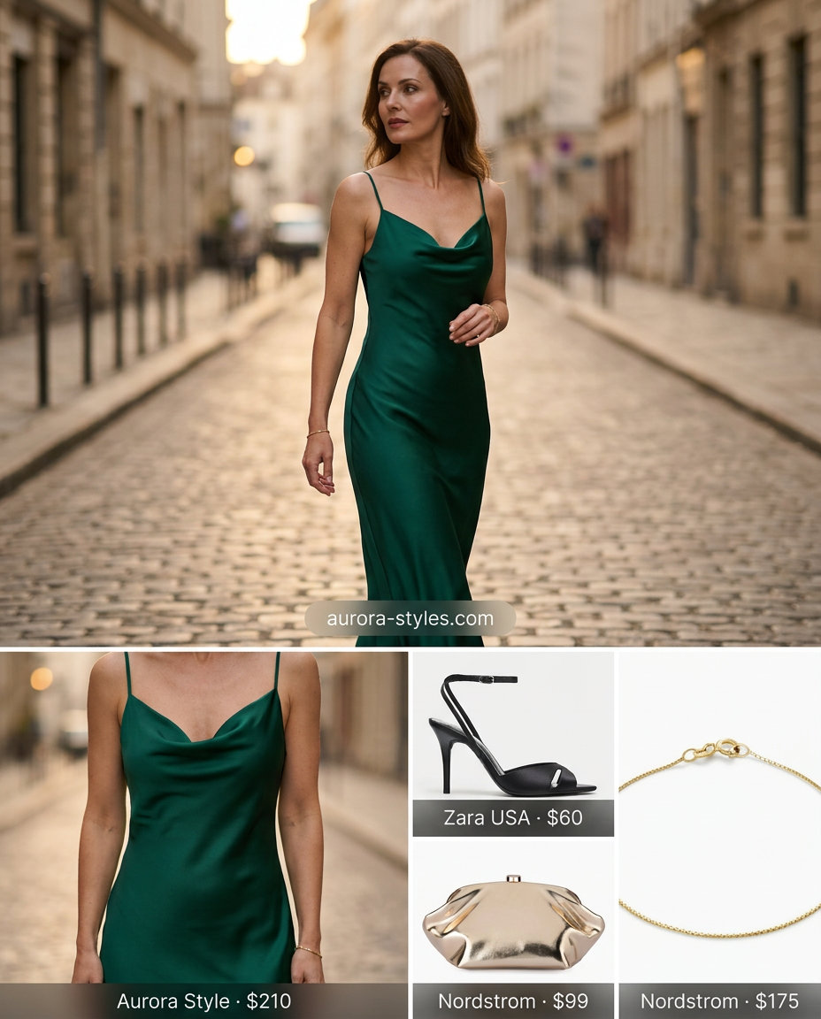 Emerald Halter Slip Dress for Formal Events 2026 Emerald green halter slip dress with gold accessories for formal summer events 2026.