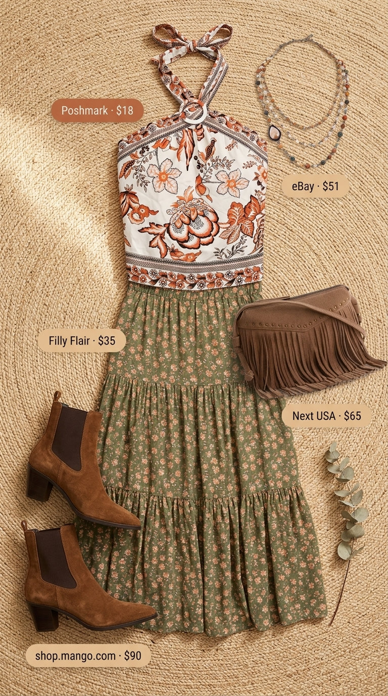 Boho Halter Crop Top & Skirt 2026 Boho coral floral halter crop top with olive green maxi skirt, layered necklaces, and suede boots.
