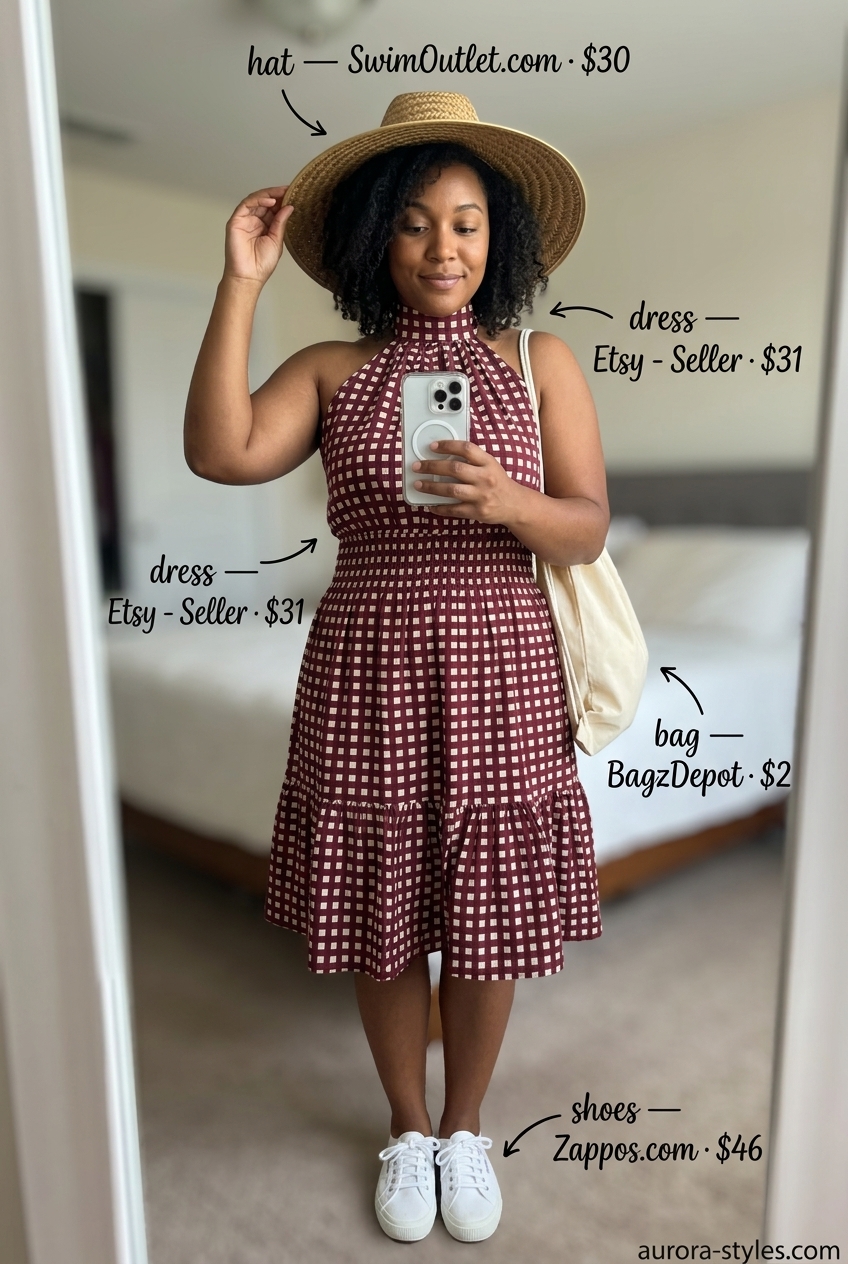 Floral Halter Midi Dress for Summer Vacation 2026 Multi-color floral halter midi dress with straw hat for summer vacation 2026.