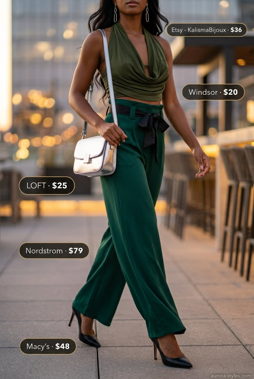 Chic Halter Crop Top Set 2026 Chic emerald green halter crop top set with wide-leg pants, silver accessories for a summer night out.