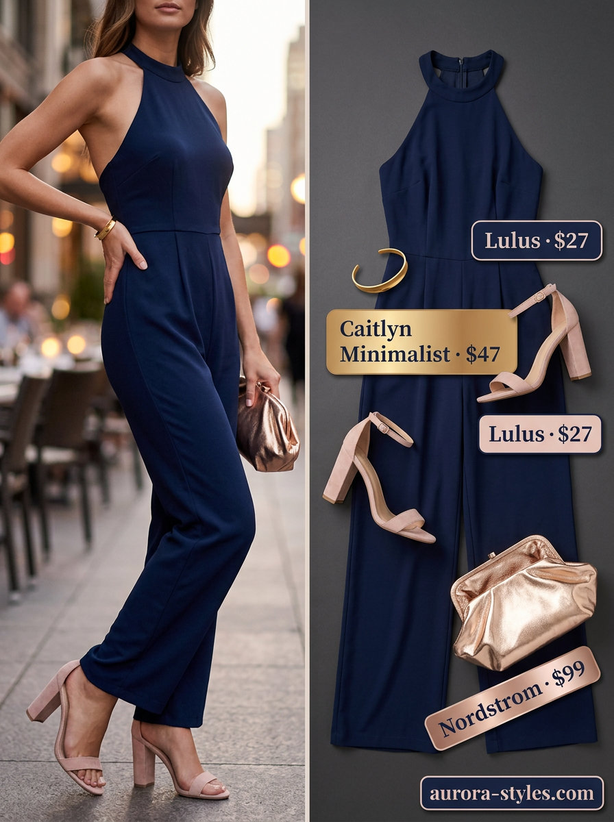 Chic Halter Jumpsuit 2026 Elegant navy blue wide-leg halter jumpsuit with gold accessories and blush pink heels for summer evenings.