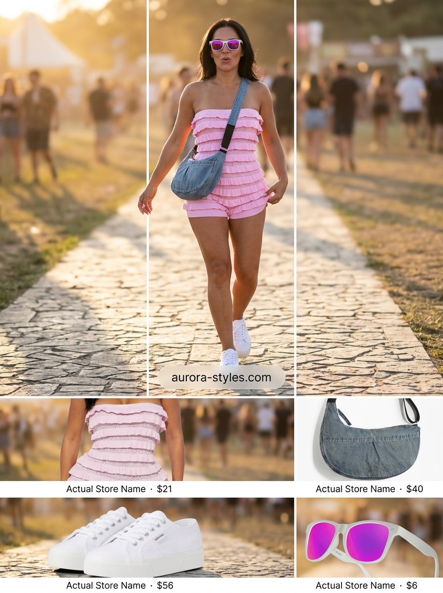 Playful Halter Romper Outfit 2026 Hot pink halter romper with tie waist, denim crossbody bag, and white sneakers for a casual summer day.