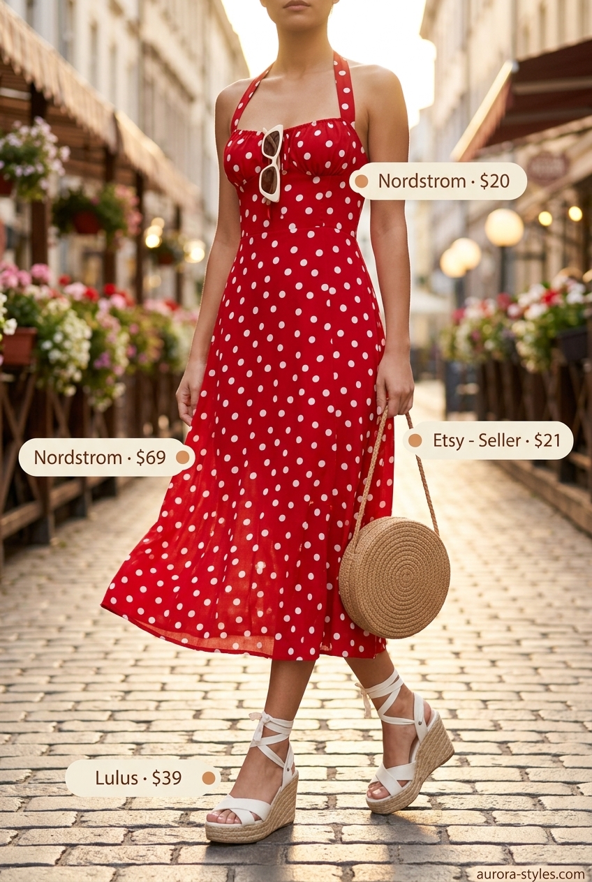 Retro Halter Wrap Dress 2026 Playful red polka dot halter wrap dress with straw bag and espadrille wedges for a summer picnic.