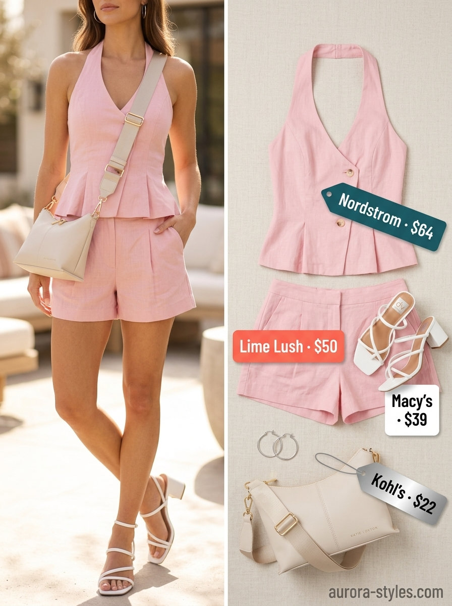 Blush Pink Halter Shorts Set for Brunch 2026 Blush pink linen blend halter shorts set for brunch outfits 2026.