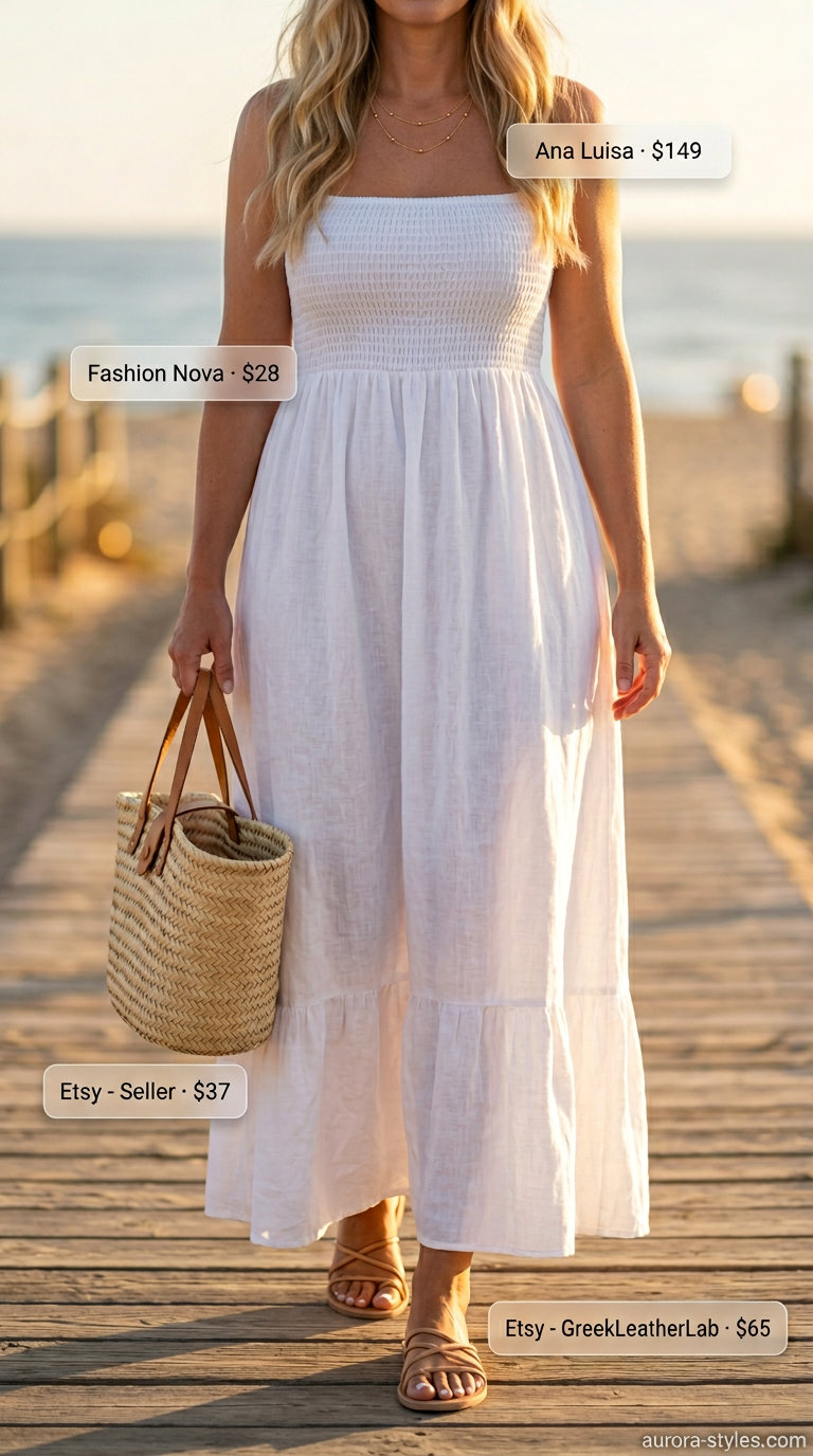 Coastal Halter Maxi Dress 2026 Relaxed white linen halter maxi dress with gold necklaces, leather sandals, and a straw tote for beach brunch.