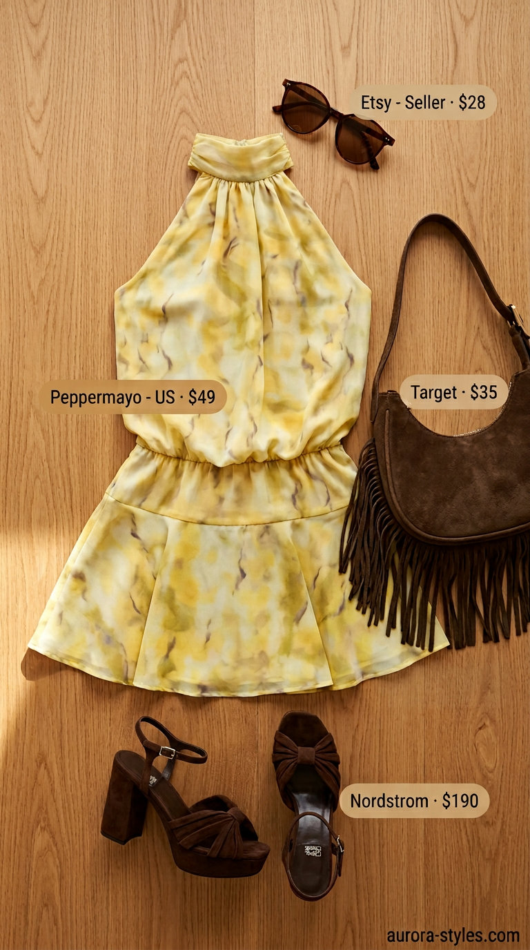 Retro Halter Mini Dress 2026 Retro mustard yellow halter mini dress with geometric print, suede bag, and platform sandals for festivals.