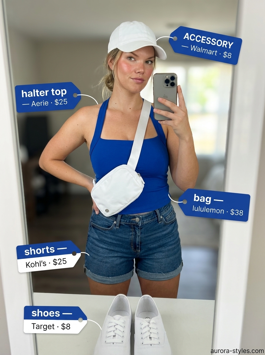 Sporty blue halter top outfit for women 2026 with denim shorts, white cap, and sneakers for active days.