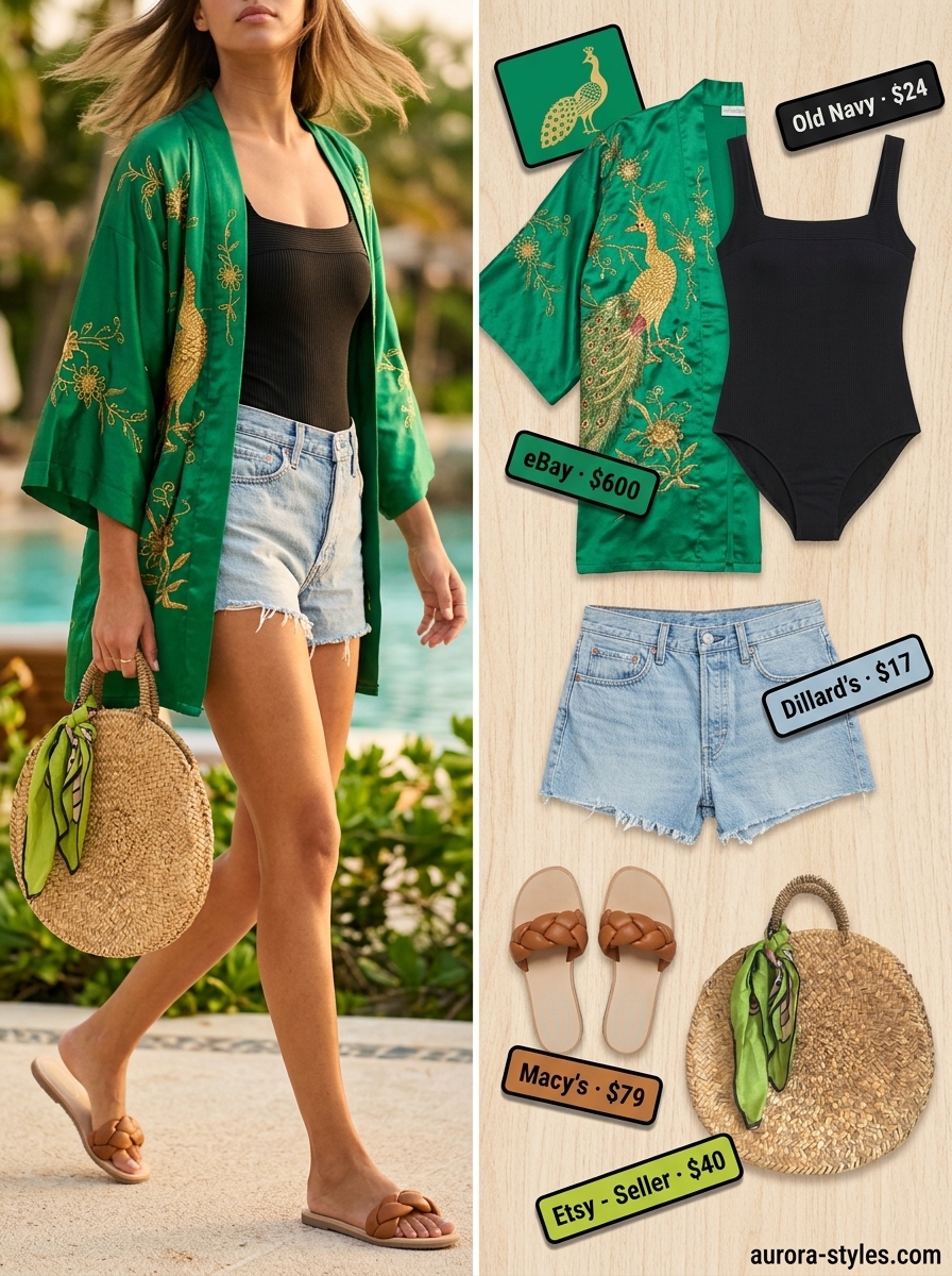 Boho beach club summer kimono outfits for women 2026: emerald green embroidered kimono, denim shorts, and swimsuit.