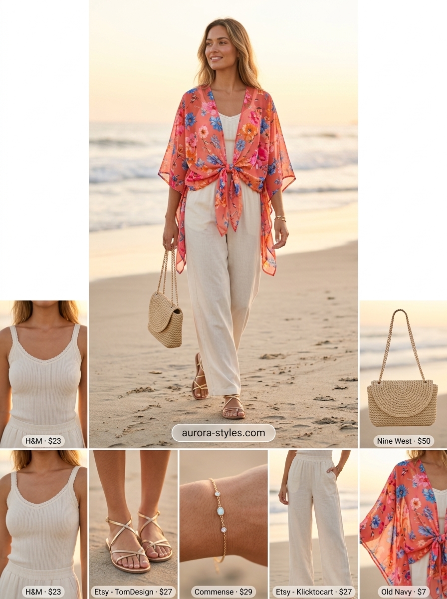 Boho summer kimono outfits for women 2026: coral floral kimono, linen pants, and metallic sandals.