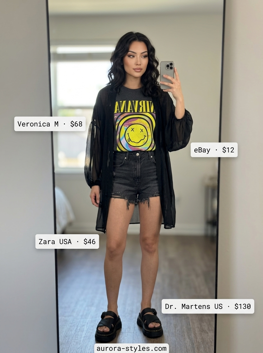 Edgy summer kimono outfits for women 2026: black kimono, graphic tee, distressed shorts, and platform sandals.