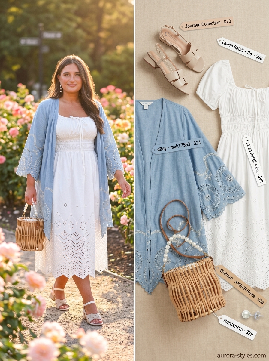 Whimsical pastel blue eyelet kimono outfit for women 2026, ideal for garden parties and daytime celebrations.