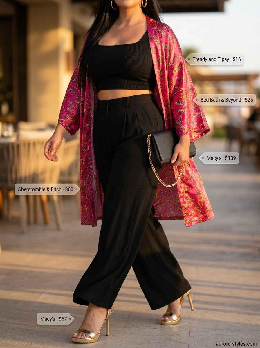 Fuchsia liquid satin kimono outfit for women 2026, perfect for cocktail parties and resort dinners. Glamorous look.