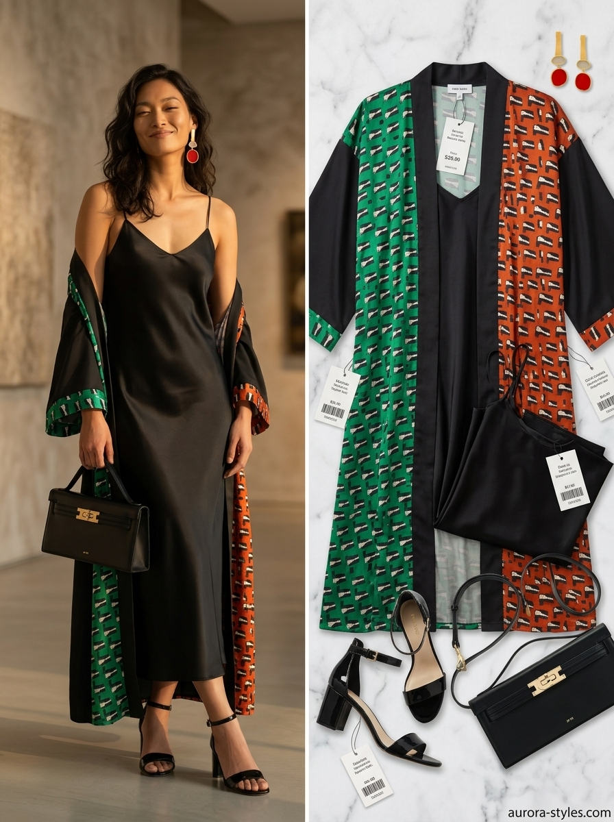 Glamorous summer kimono outfits for women 2026: black slip dress, emerald green abstract kimono, and block heels.