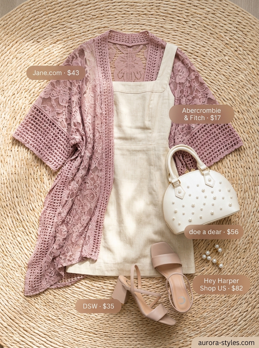 Romantic summer kimono outfits for women 2026: dusty rose lace kimono, cream sundress, and pearl accessories.