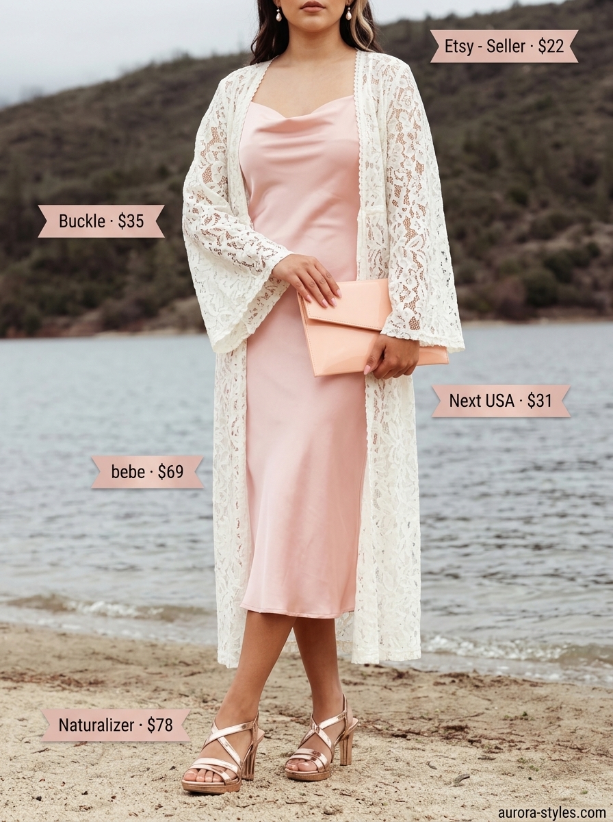 Romantic blush pink lace kimono outfit for women 2026, perfect for garden parties and romantic dinners.