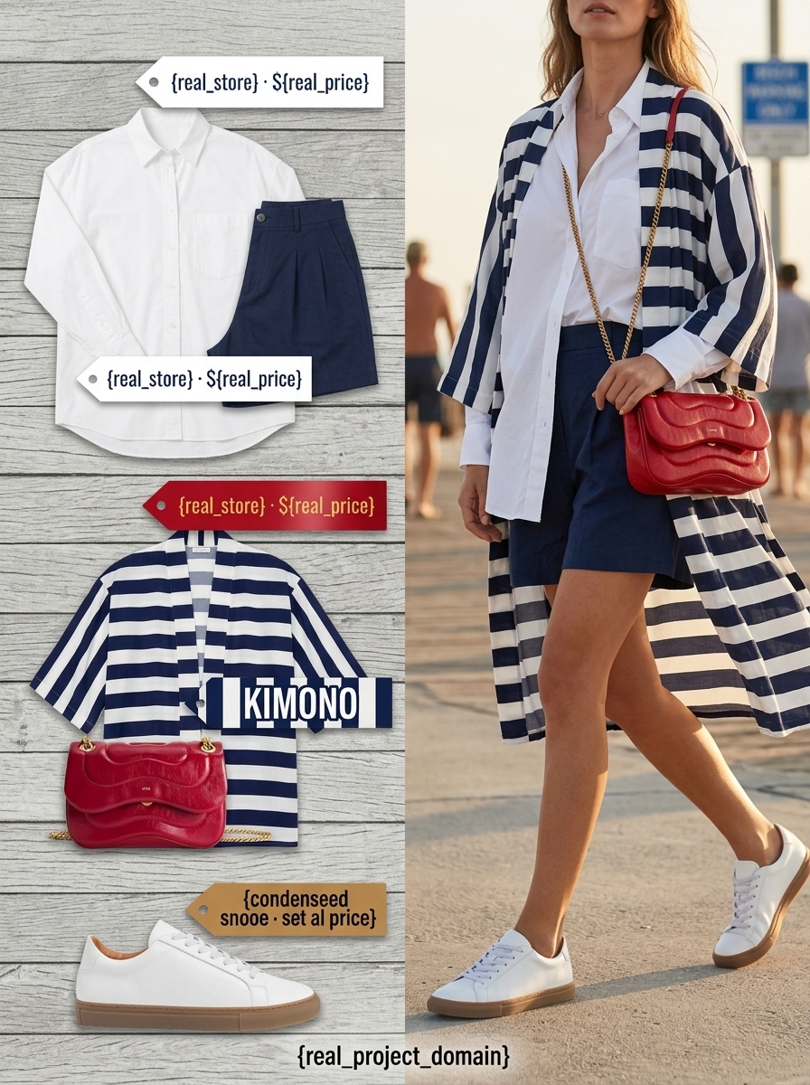Nautical navy and white stripe kimono outfit for women 2026, ideal for seaside lunches and preppy events.