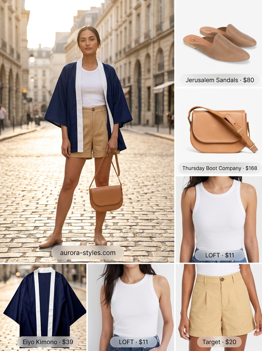 Sophisticated navy kimono outfit for women 2026, perfect for city sightseeing and art gallery visits.