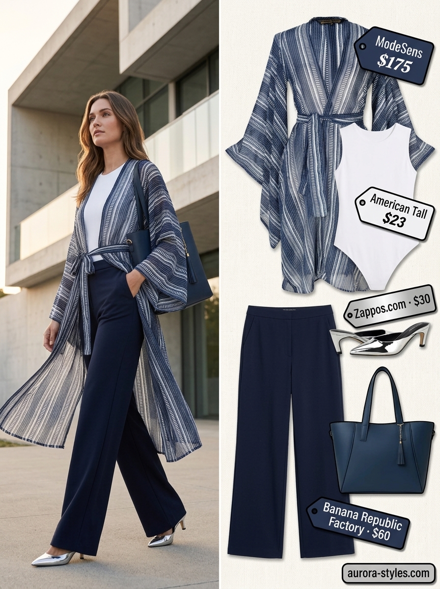 Professional navy and white abstract print kimono outfit for women 2026, ideal for office wear.