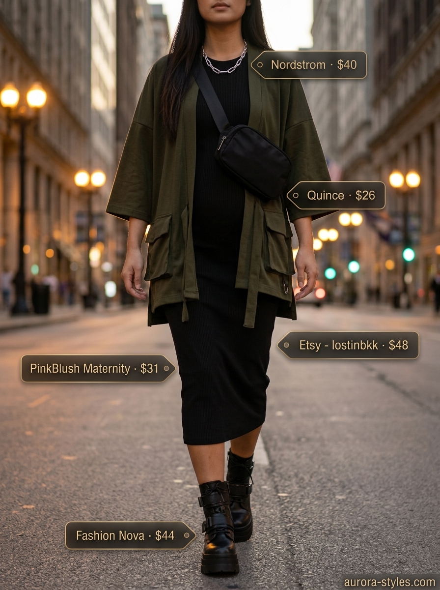 Edgy olive green utility kimono outfit for women 2026, perfect for concerts and city exploration.