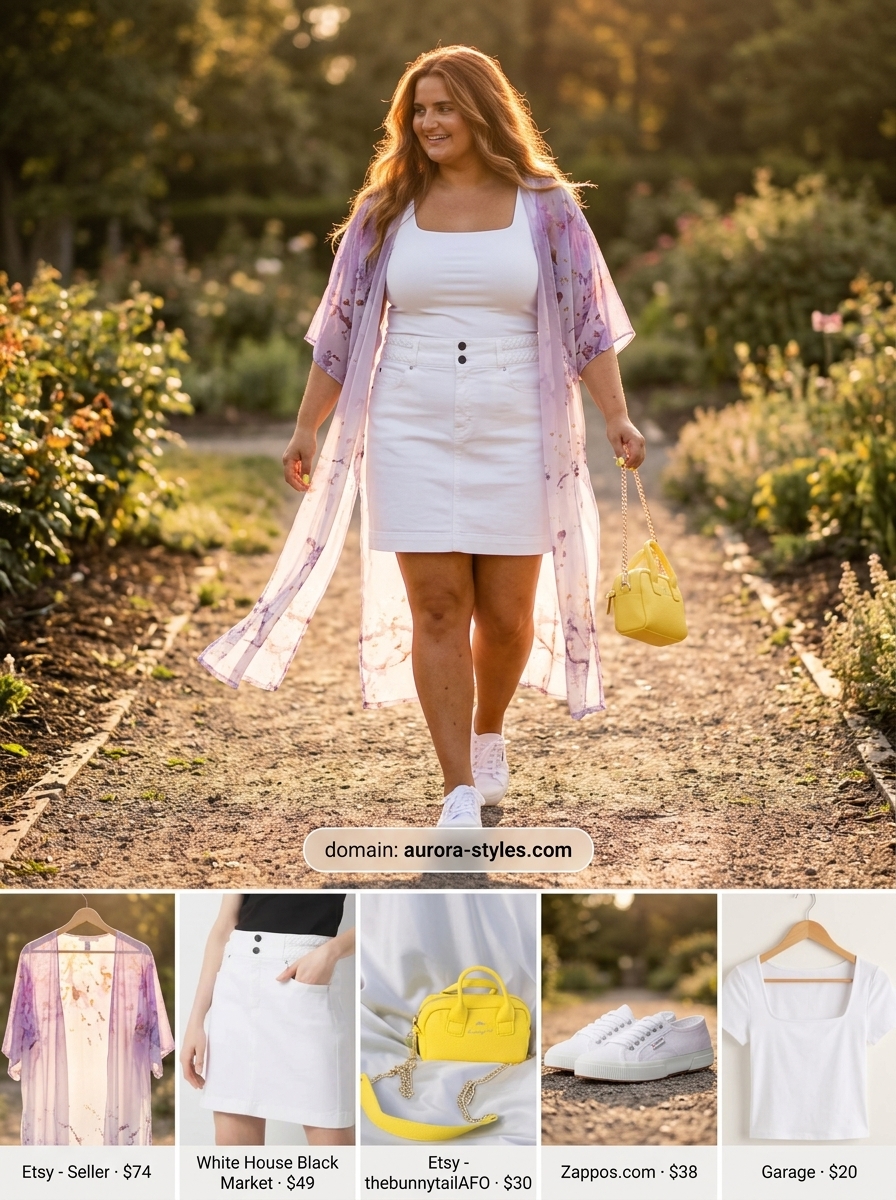Pastel summer kimono outfits for women 2026: ombre kimono, white crop top, denim skirt, and sneakers.