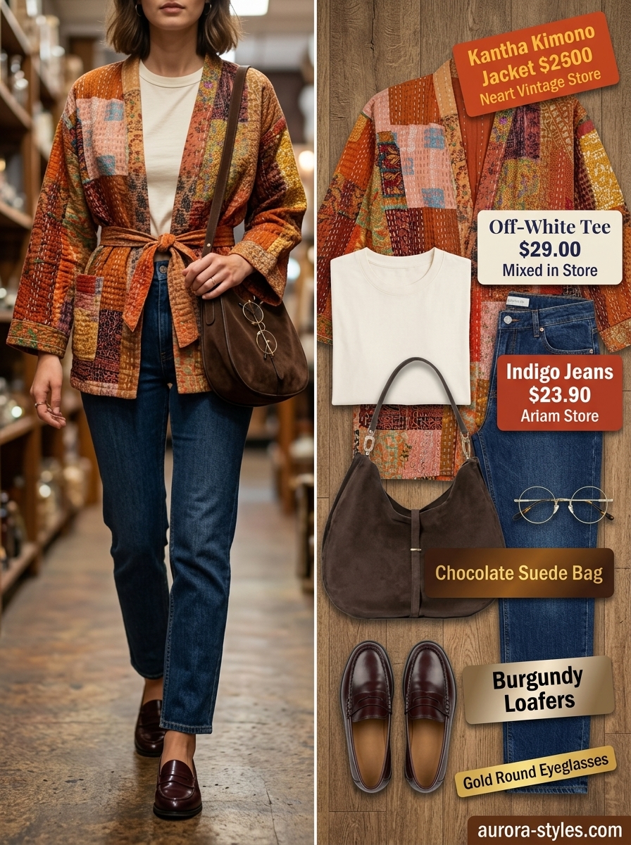 Eclectic mustard and rust patchwork kimono outfit for women 2026, great for vintage shopping and coffee dates.