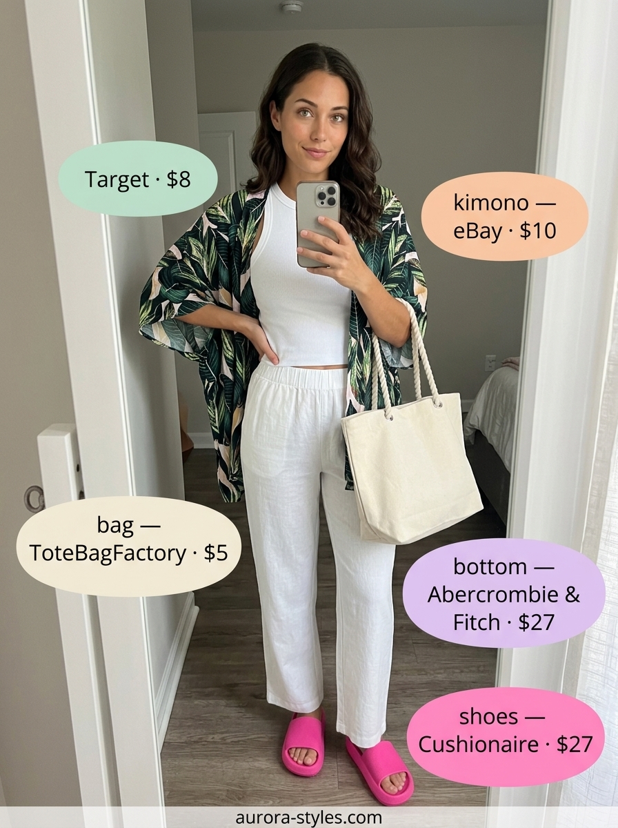 Vibrant summer kimono outfits for women 2026: tropical print kimono, white linen pants, and hot pink slides.