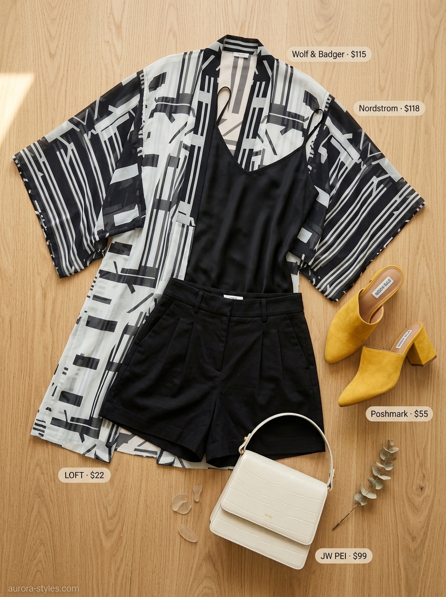Urban safari summer kimono outfits for women 2026: geometric kimono, black shorts, cream camisole, and mule heels.