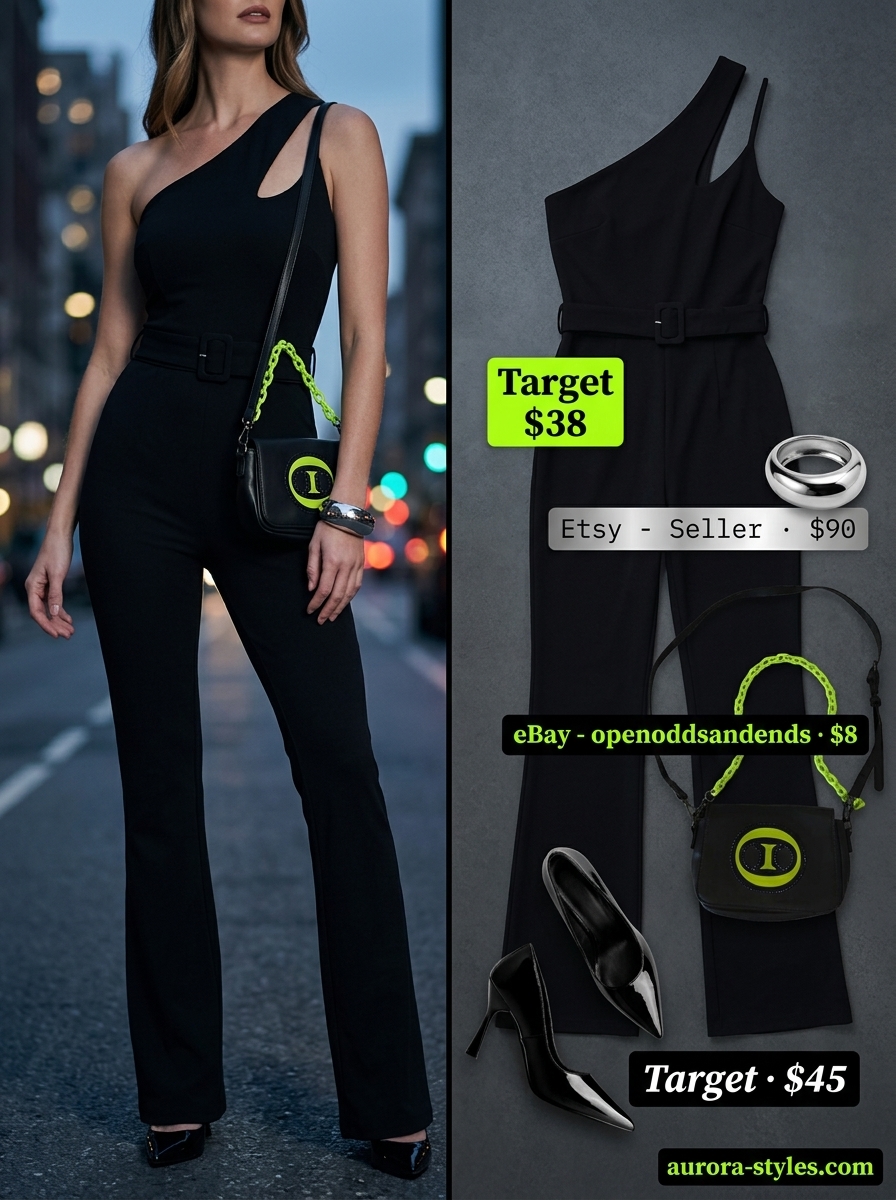 Black one-shoulder linen jumpsuit for women 2026, paired with silver accents for a modern night out.
