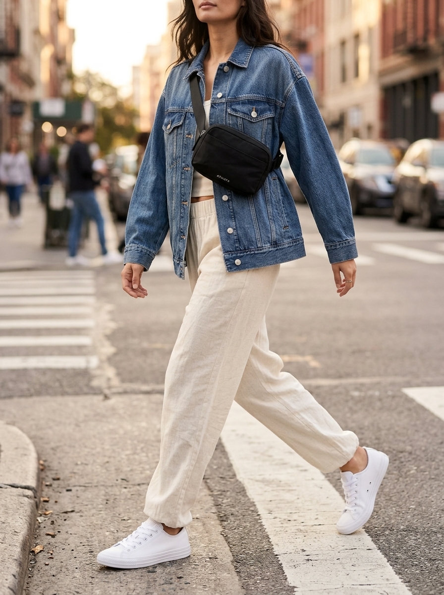 Elevated athleisure linen joggers for women 2026, styled with a denim jacket.