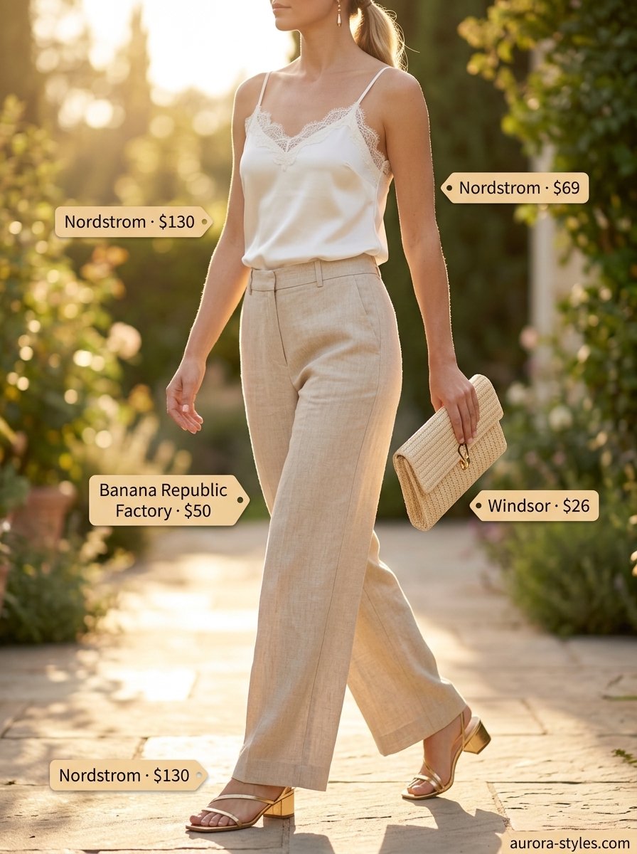 Blush pink linen pants for women 2026, styled for a garden party with a satin camisole.