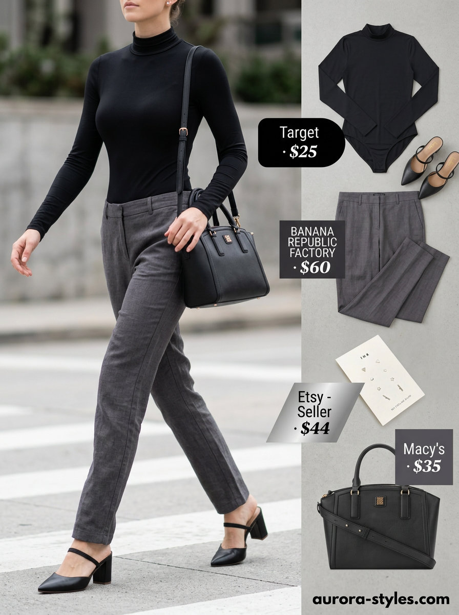Charcoal grey linen pants, black bodysuit, mules & silver earrings. Summer linen pants for women 2026.