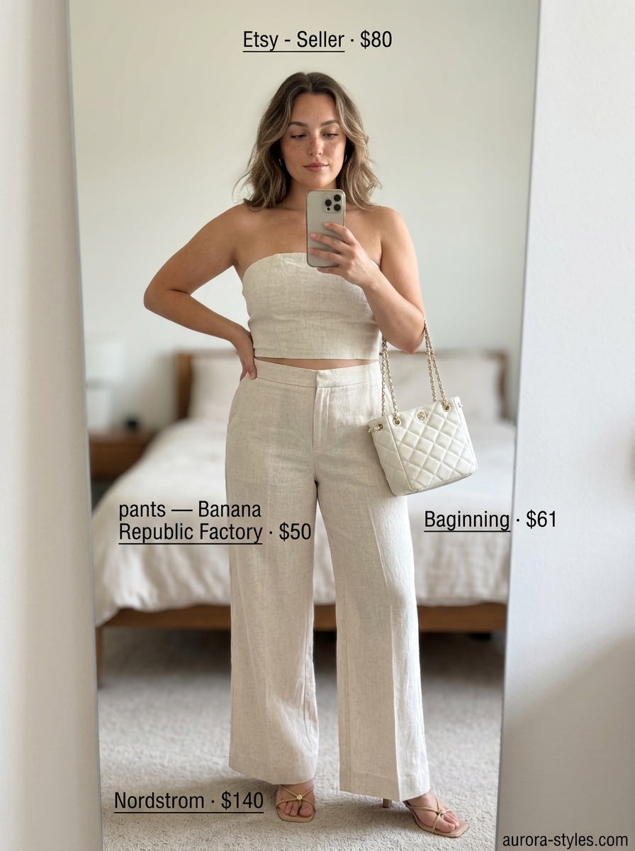 Cream linen co-ord set with gold hoops & nude sandals. Summer linen pants for women 2026.