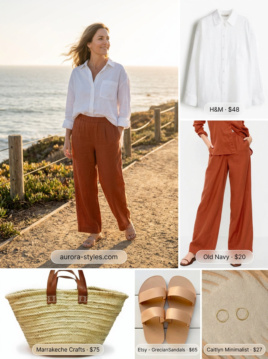 Terracotta linen wide-leg pants for women 2026 styled with an oversized white shirt.