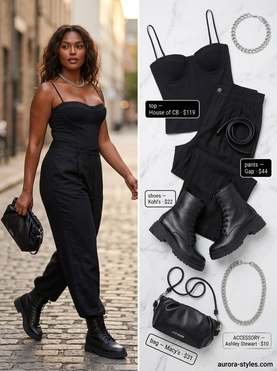 Edgy black linen blend pants for women 2026 styled with a black corset top for a night out.