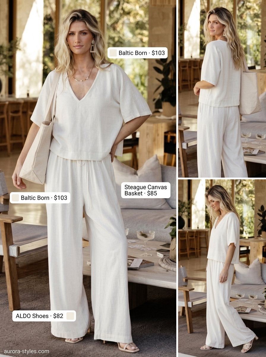 Relaxed sand linen lounge set for women 2026, ideal for travel and casual days.