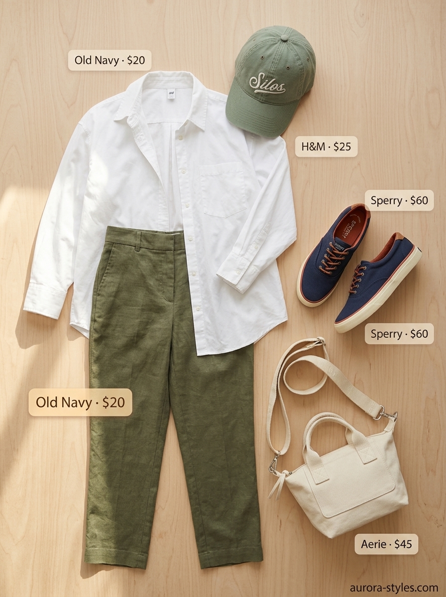 Olive green linen pants for women 2026, styled for city exploration with an oversized white shirt.