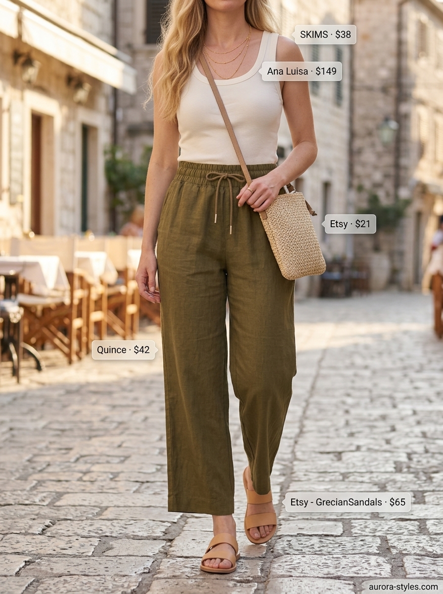 Olive green linen pants for women 2026, styled for a coastal breeze with a cream tank top.