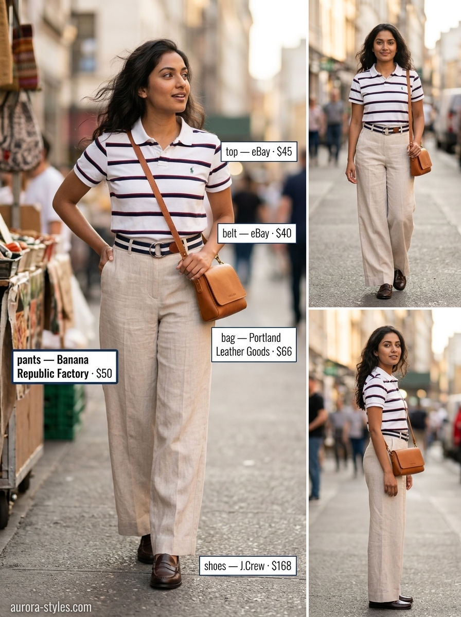 Preppy navy and white striped polo with tan shorts for women 2026 summer style.