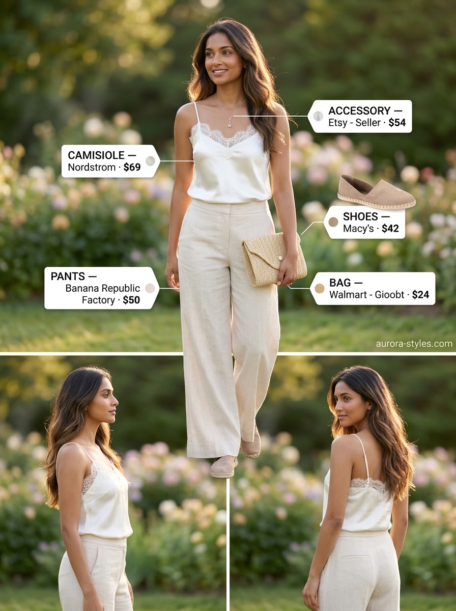 Lavender linen pants for women 2026 styled with a white lace cami for a romantic garden party outfit.