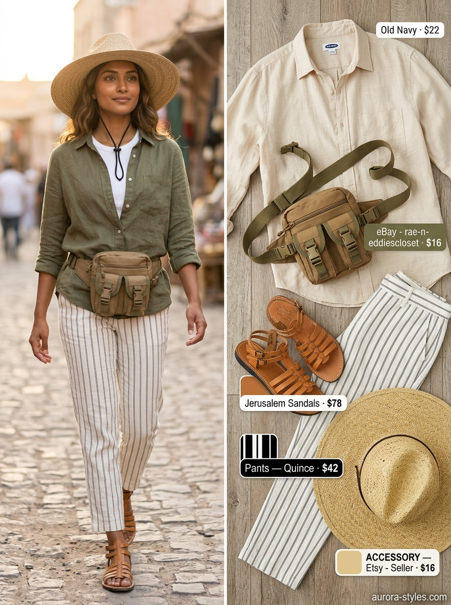 Olive green linen shirt, tan shorts, straw hat & gladiator sandals. Summer linen pants for women 2026.