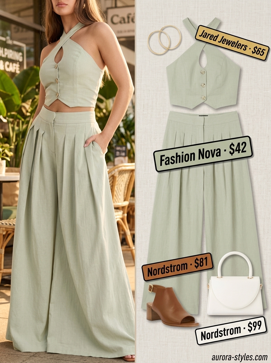 Sage green linen pants set for women 2026, perfect for weekend brunch or resort wear. Chic and coordinated.