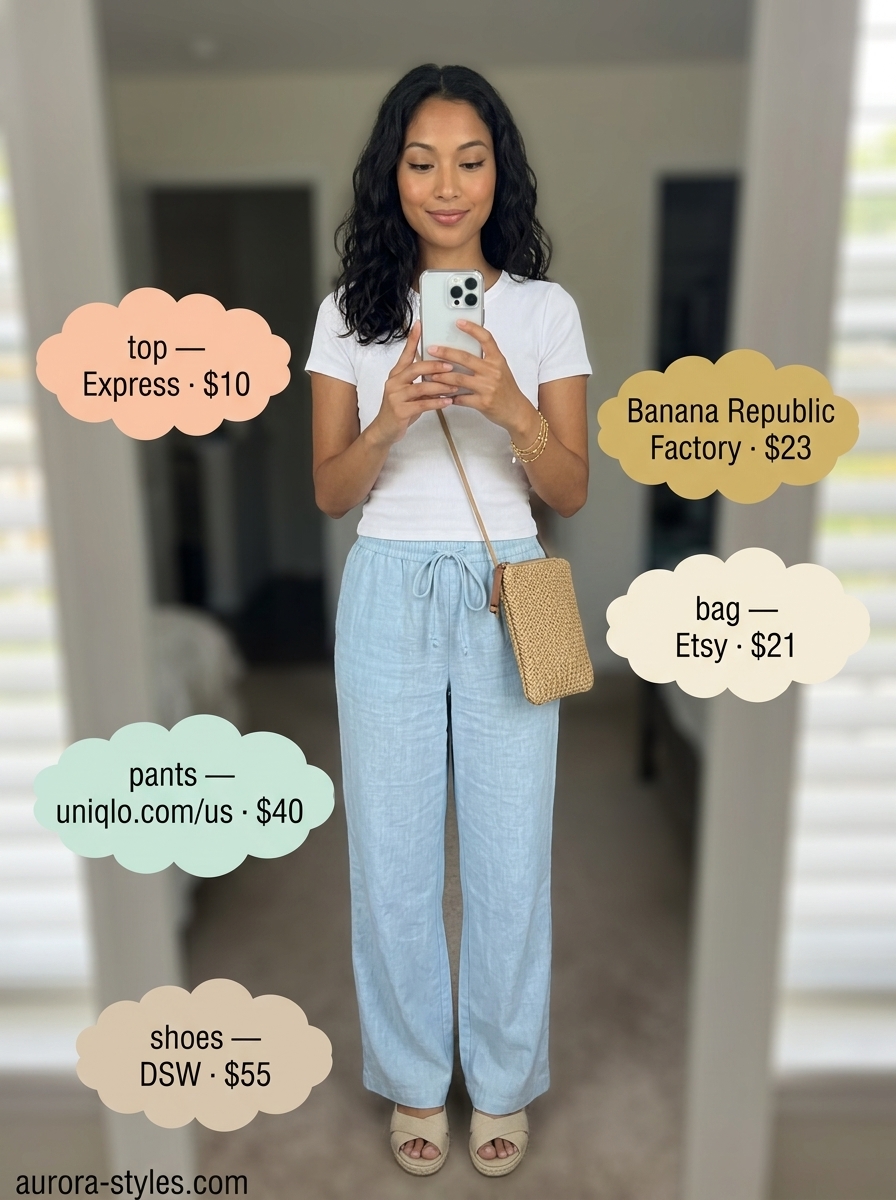 Pale blue linen skirt outfit with knit top, espadrilles & straw bag. Summer linen pants for women 2026.