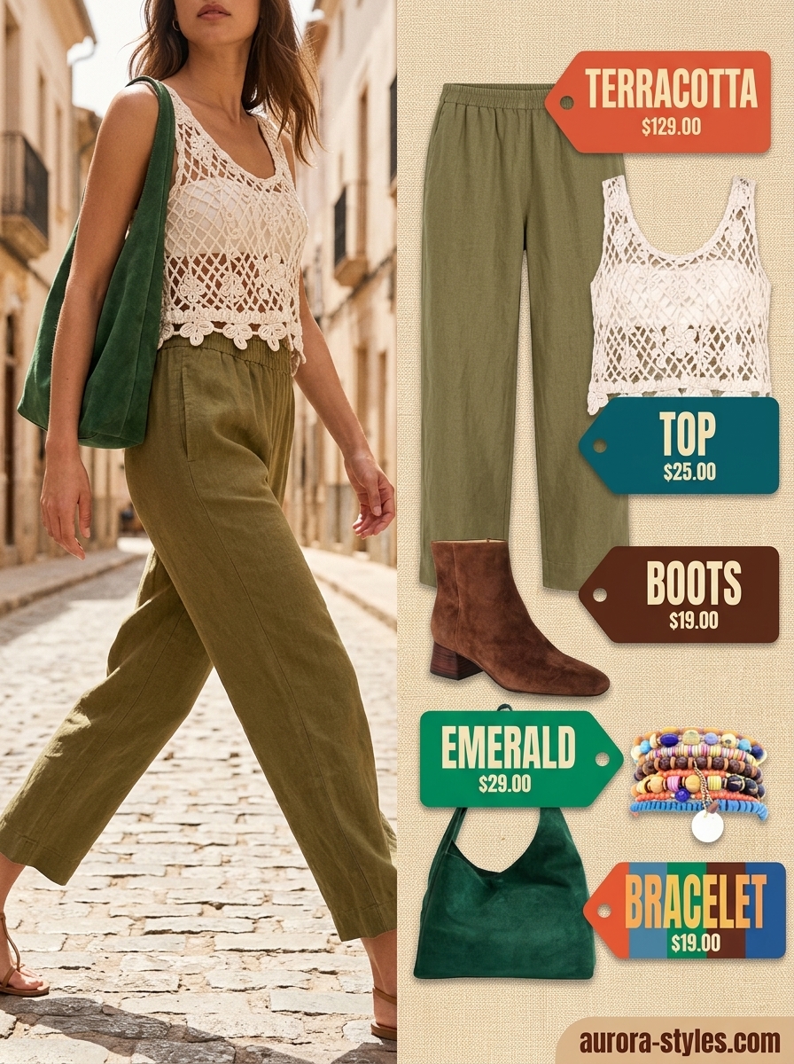 Terracotta linen pants for women 2026, styled for a boho summer vibe with a crochet top.