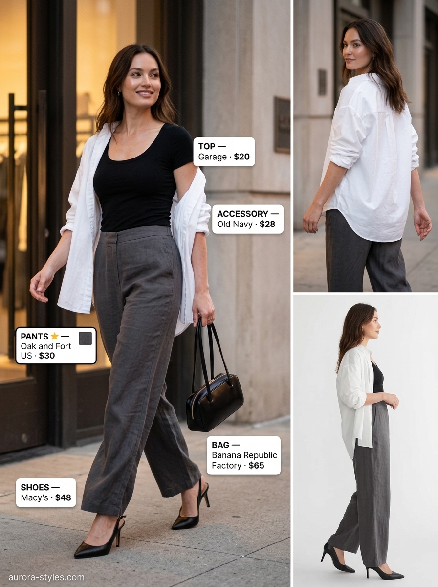 Urban charcoal grey linen wide-leg pants for women 2026 with a white button-down.