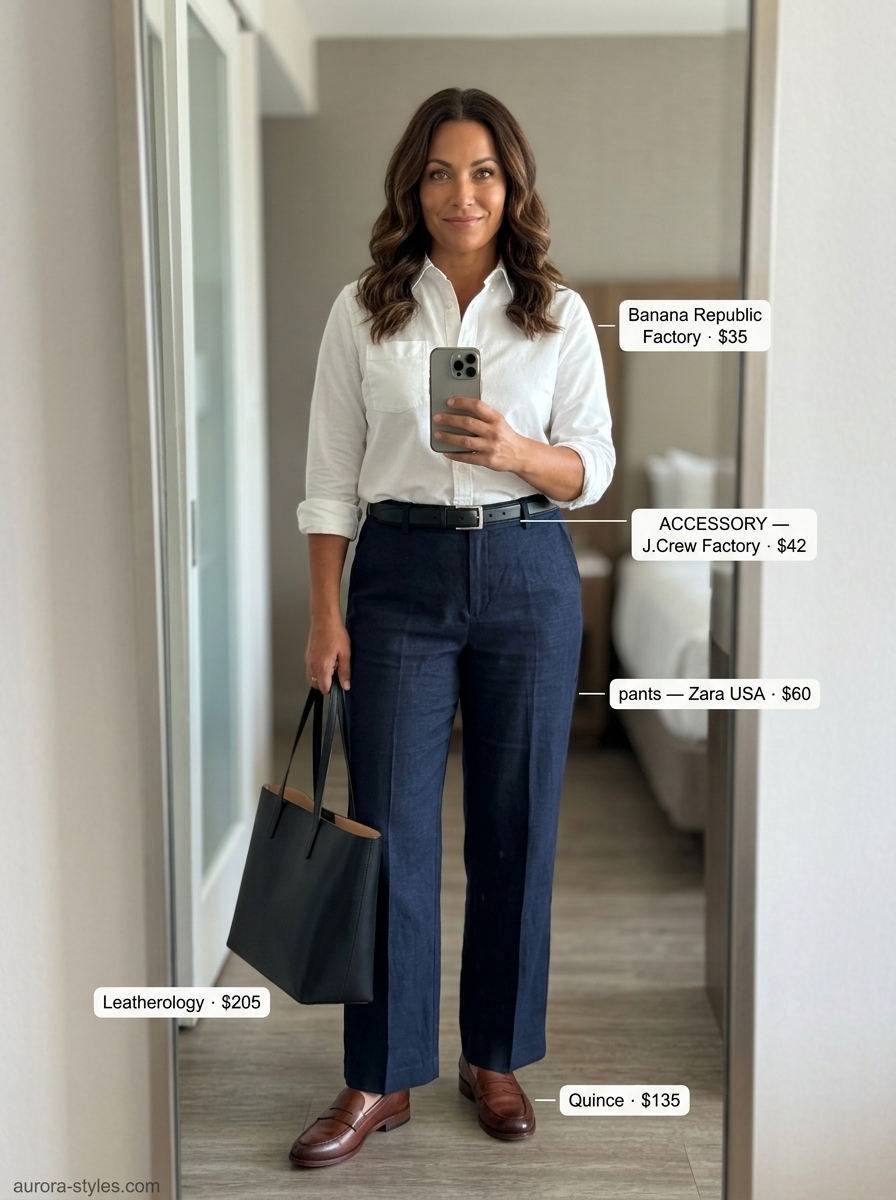 Navy blue linen trousers, white shirt, loafers & tote bag. Summer linen pants for women 2026.