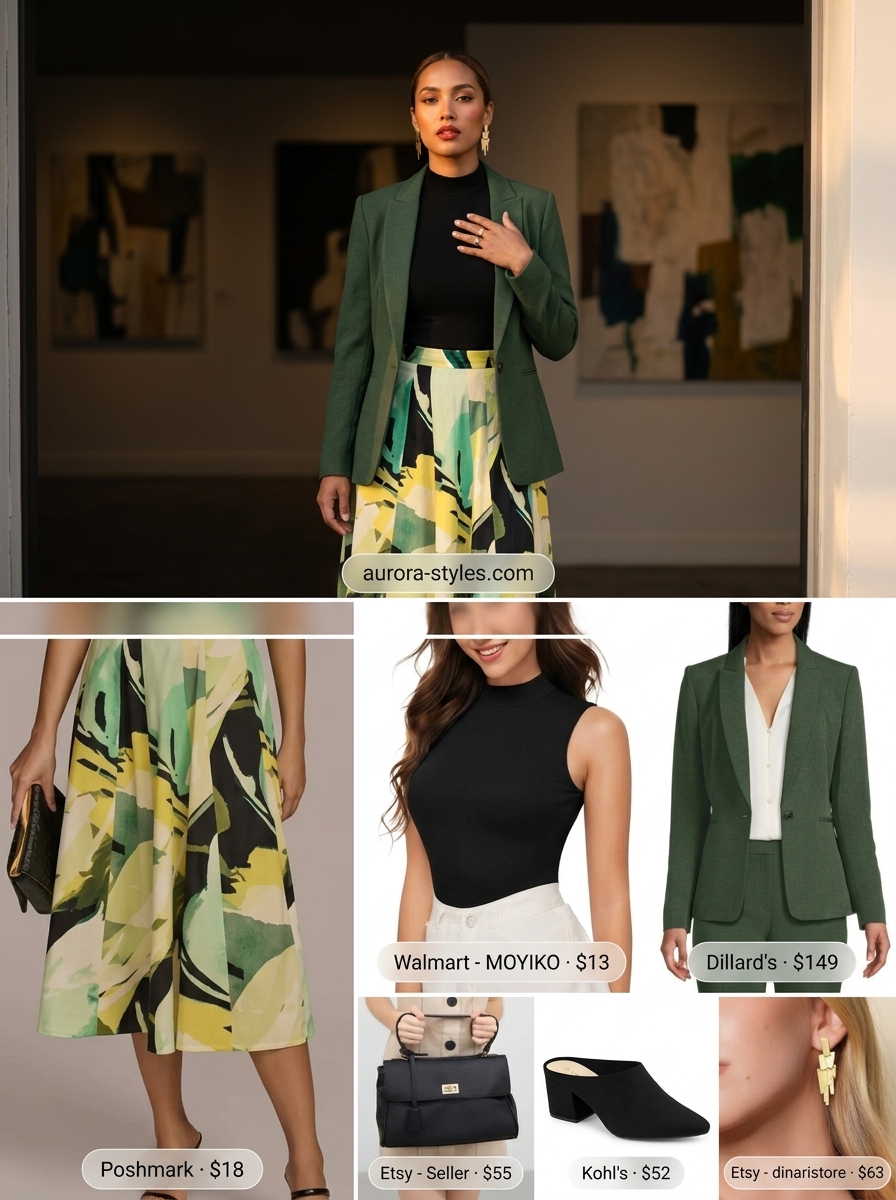 Mustard yellow abstract print midi skirt outfit for an art gallery opening or creative event.