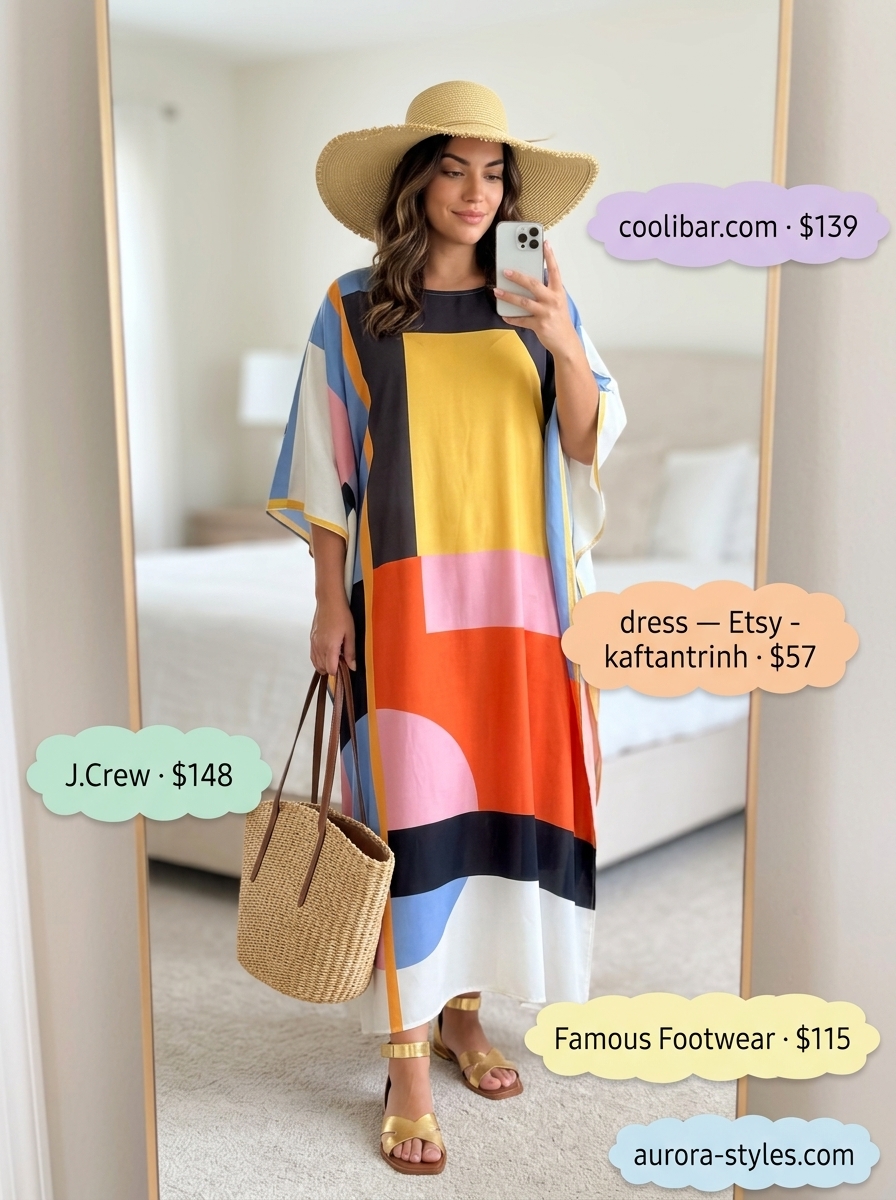 Multicolor abstract caftan dress, straw hat & tote. Summer must have outfits for women 2026.