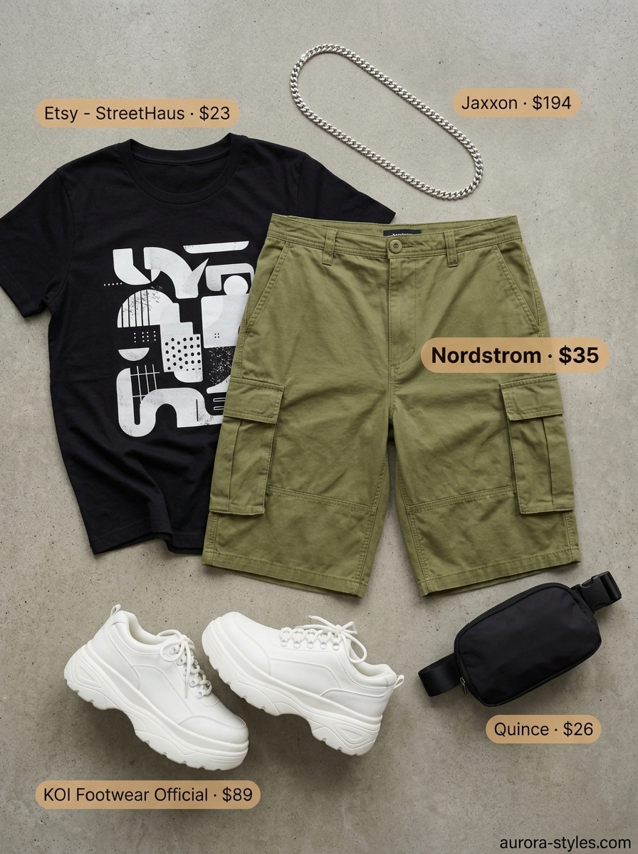 Summer must have outfits for women 2026: Olive cargo shorts, graphic tee, platform sneakers, and belt bag for city.
