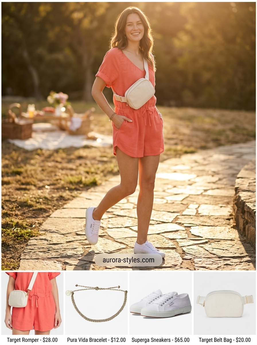 Playful coral romper with white sneakers for summer must have outfits for women 2026.